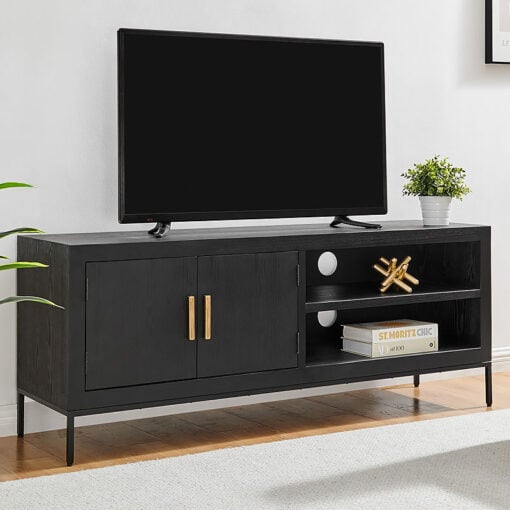 Black Wood And Black And Gold Metal 2 Door 2 Shelf TV Stand 150cm