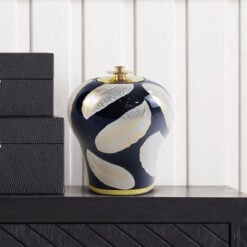 Blue And White Leaves Pattern Ceramic Ginger Jar With Gold Lid 26cm