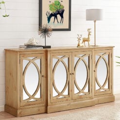 Boho Rustic Natural Wood And Mirrored Glass 4 Door Large Sideboard 180cm