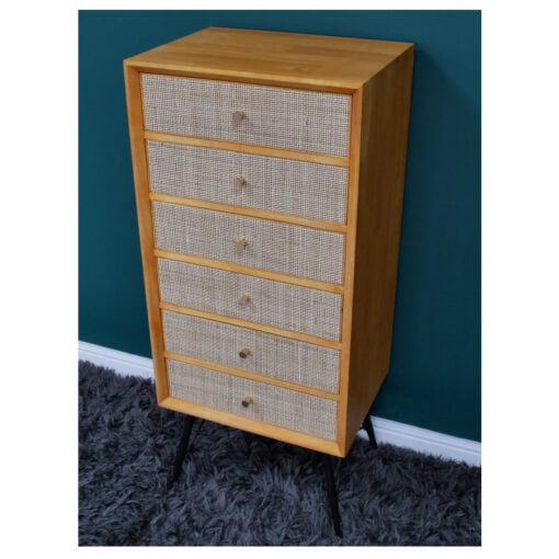 Boho Solid Rubberwood And Rattan 6 Drawer Tall Chest Of Drawers Cabinet 117cm