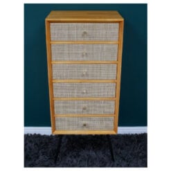 Boho Solid Rubberwood And Rattan 6 Drawer Tall Chest Of Drawers Cabinet 117cm