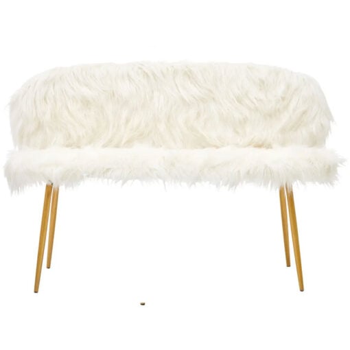 Boho White Faux Fur And Gold Metal 2 Seater Sofa Bench With Backrest