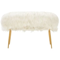 Boho White Faux Fur And Gold Metal 2 Seater Sofa Bench With Backrest