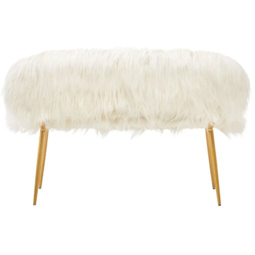 Boho White Faux Fur And Gold Metal 2 Seater Sofa Bench With Backrest