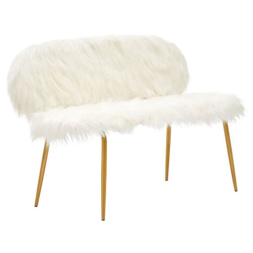 Boho White Faux Fur And Gold Metal 2 Seater Sofa Bench With Backrest