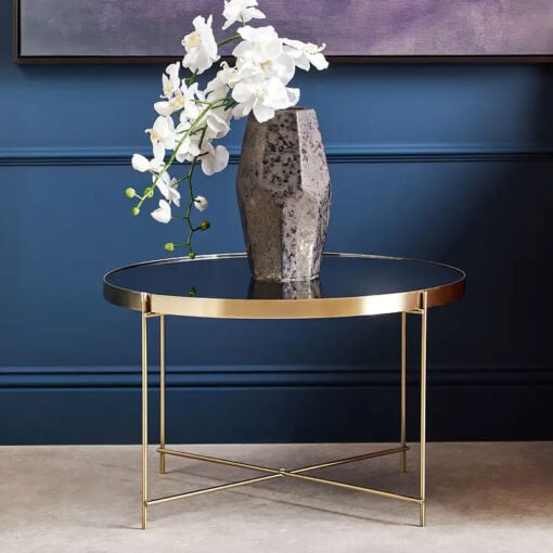 Brushed Gold Metal And Black Mirrored Glass Round Coffee Table 68cm