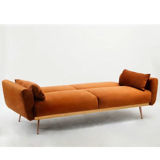 Burnt Orange Velvet 3 Seater Sofa Bed With Rose Gold Metal Legs 183cm