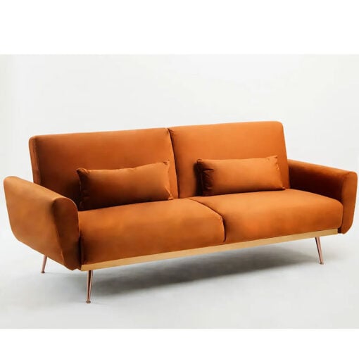 Burnt Orange Velvet 3 Seater Sofa Bed With Rose Gold Metal Legs 183cm