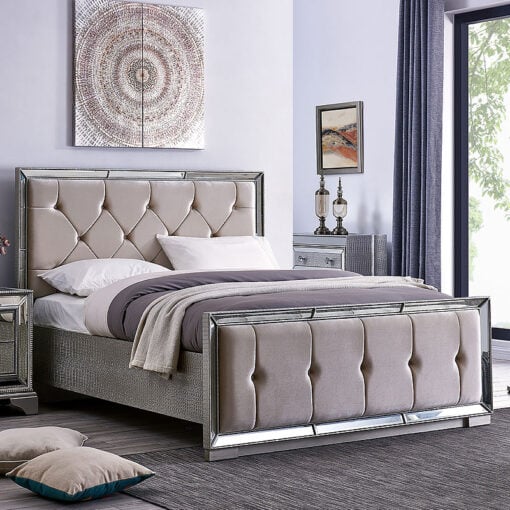 Cream Velvet Mirrored King Size Bedframe With Mock Croc Faux Leather 170cm