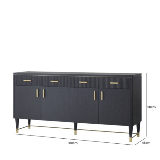 Dark Brown Espresso Wood And Gold Metal 4 Door 4 Drawer Large Sideboard 180cm