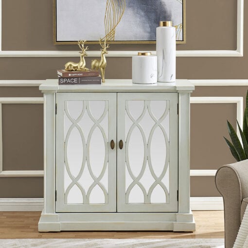 Distressed Light Grey Wood And Mirrored Glass 2 Door Cabinet Sideboard 96cm