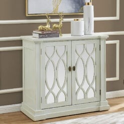 Distressed Light Grey Wood And Mirrored Glass 2 Door Cabinet Sideboard 96cm