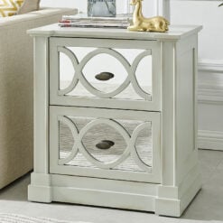 Distressed Light Grey Wood And Mirrored Glass 2 Drawer Bedside Cabinet