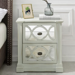 Distressed Light Grey Wood And Mirrored Glass 2 Drawer Bedside Cabinet