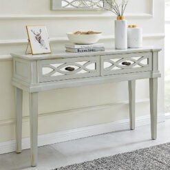 Distressed Light Grey Wood And Mirrored Glass 2 Drawer Console Table