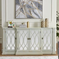 Distressed Light Grey Wood And Mirrored Glass 4 Door Large Sideboard 180cm