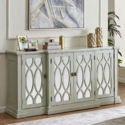 Distressed Light Grey Wood And Mirrored Glass 4 Door Large Sideboard 180cm