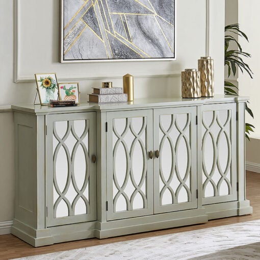 Distressed Light Grey Wood And Mirrored Glass 4 Door Large Sideboard 180cm