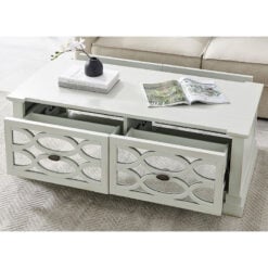 Distressed Light Grey Wood And Mirrored Glass 4 Drawer Coffee Table 120cm