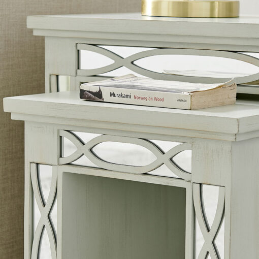 Distressed Light Grey Wood And Mirrored Glass Set Of 2 Nesting Side Tables