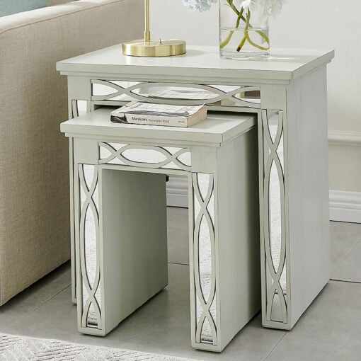 Distressed Light Grey Wood And Mirrored Glass Set Of 2 Nesting Side Tables