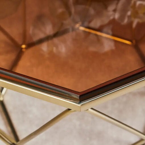 Gold Metal And Amber Smoked Glass Octagonal Side Table End Table