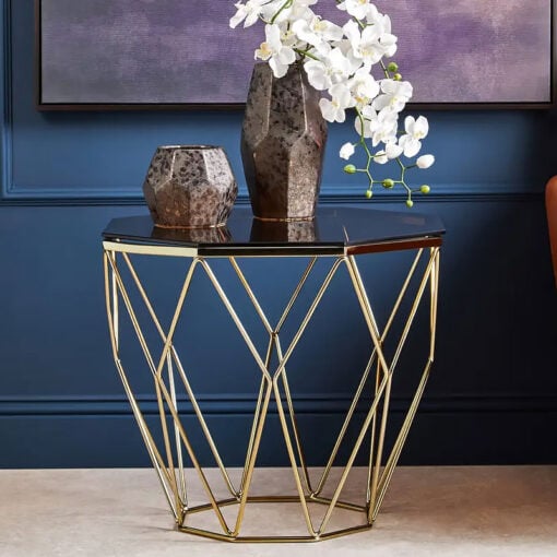 Gold Metal And Amber Smoked Glass Octagonal Side Table End Table