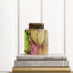 Green And Pink Leaves Floral Ceramic Ginger Jar With Gold Lid 22cm