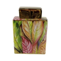 Green And Pink Leaves Floral Ceramic Ginger Jar With Gold Lid 25cm