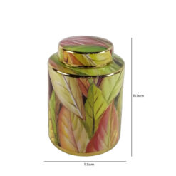 Green Pink And Gold Leaves Floral Ceramic Ginger Jar With Lid 15cm