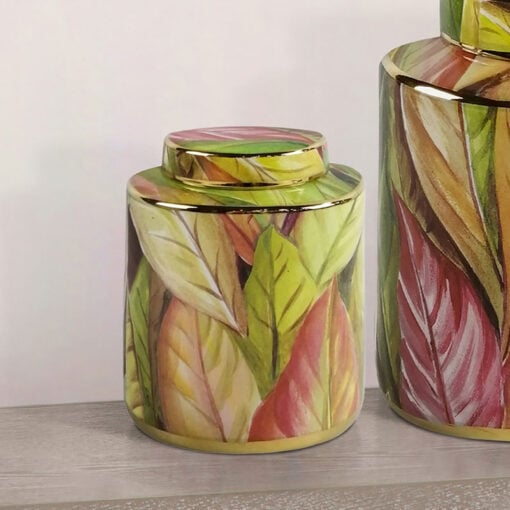 Green Pink And Gold Leaves Floral Ceramic Ginger Jar With Lid 15cm