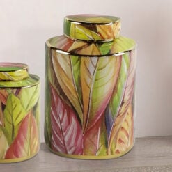 Green Pink And Gold Leaves Floral Ceramic Ginger Jar With Lid 21cm