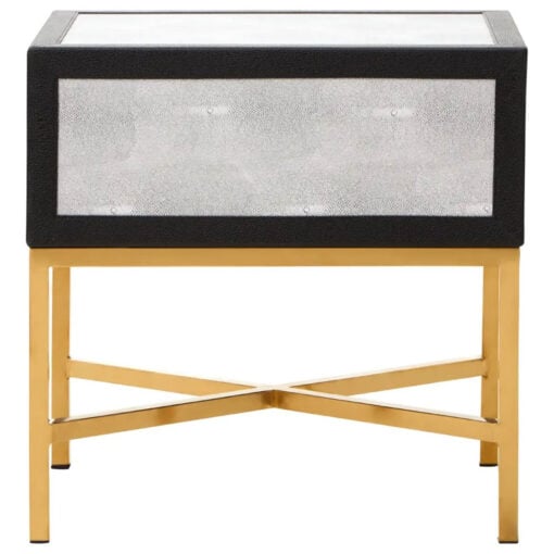 Grey Faux Shagreen Leather And Gold Metal 1 Drawer Bedside Cabinet Side Table