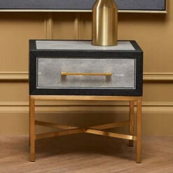 Grey Faux Shagreen Leather And Gold Metal 1 Drawer Bedside Cabinet Side Table