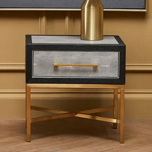 Grey Faux Shagreen Leather And Gold Metal 1 Drawer Bedside Cabinet Side Table