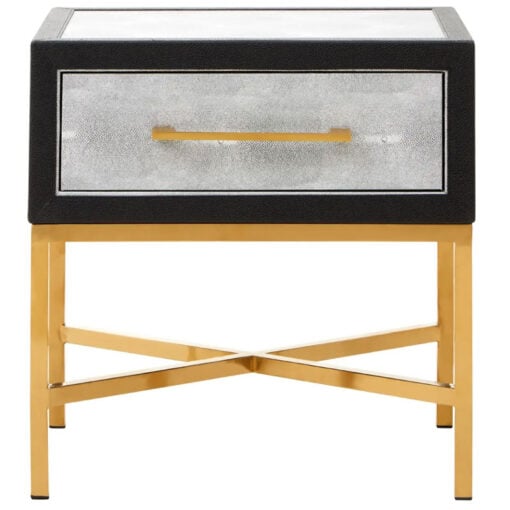 Grey Faux Shagreen Leather And Gold Metal 1 Drawer Bedside Cabinet Side Table