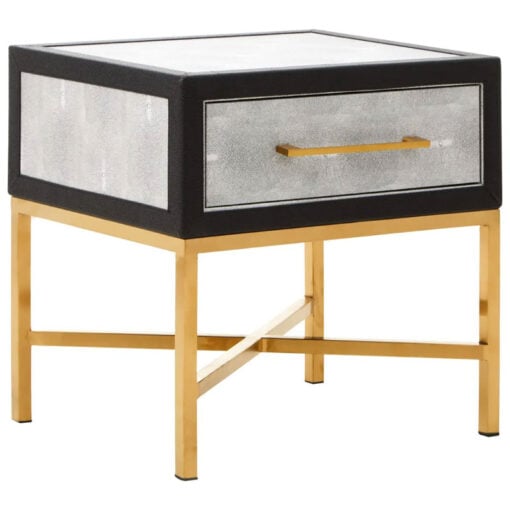 Grey Faux Shagreen Leather And Gold Metal 1 Drawer Bedside Cabinet Side Table