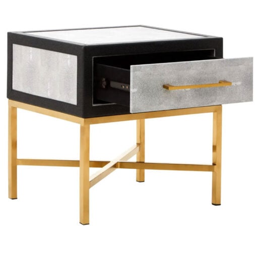 Grey Faux Shagreen Leather And Gold Metal 1 Drawer Bedside Cabinet Side Table