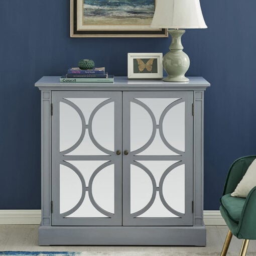 Grey Wood And Mirrored Glass 2 Door Storage Cabinet Sideboard 96cm