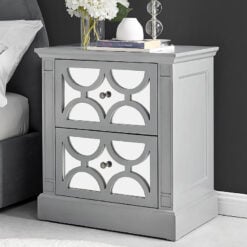 Grey Wood And Mirrored Glass 2 Drawer Bedside Cabinet Side Table