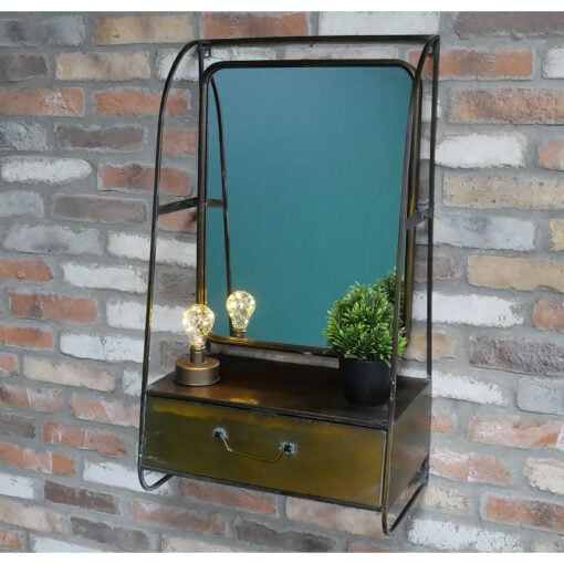 Industrial Antique Gold Metal 1 Drawer Wall Shelving Unit With Mirror 84cm