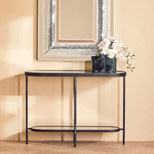 Industrial Black And Silver Metal And Antique Mirrored Glass 2 Tier Console Table