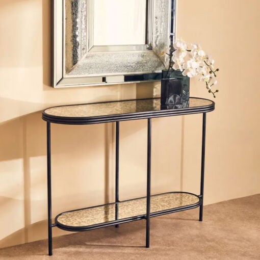 Industrial Black And Silver Metal And Antique Mirrored Glass 2 Tier Console Table