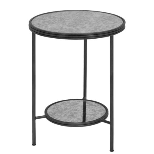 Industrial Black And Silver Metal And Antique Mirrored Glass 2 Tier Side Table