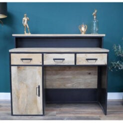 Industrial Black Metal And Mango Wood Bar Cabinet With Counter And Storage 140cm