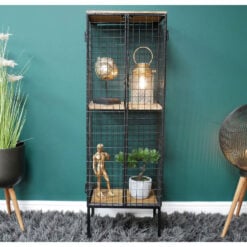 Industrial Black Metal And Mango Wood Wire Metal Doors Tall Display Cabinet 122cm