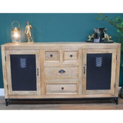 Industrial Rustic Black Metal And Solid Mango Wood Large Sideboard 160cm