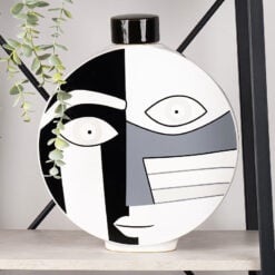 Large Black And White Abstract Face Ceramic Ginger Jar With Lid 34cm