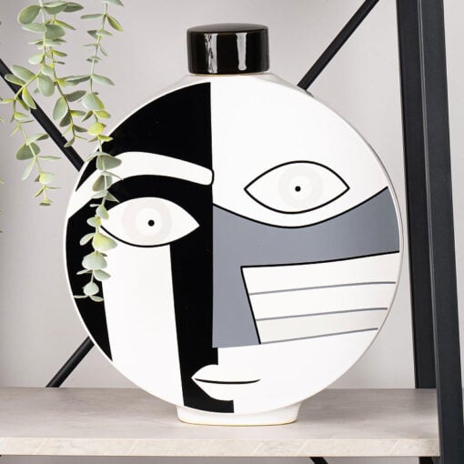 Large Black And White Abstract Face Ceramic Ginger Jar With Lid 34cm