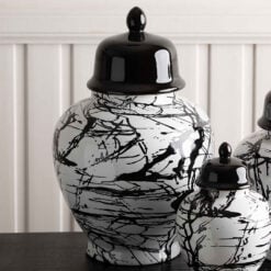 Large Black And White Abstract Splash Ceramic Ginger Jar With Lid 41cm